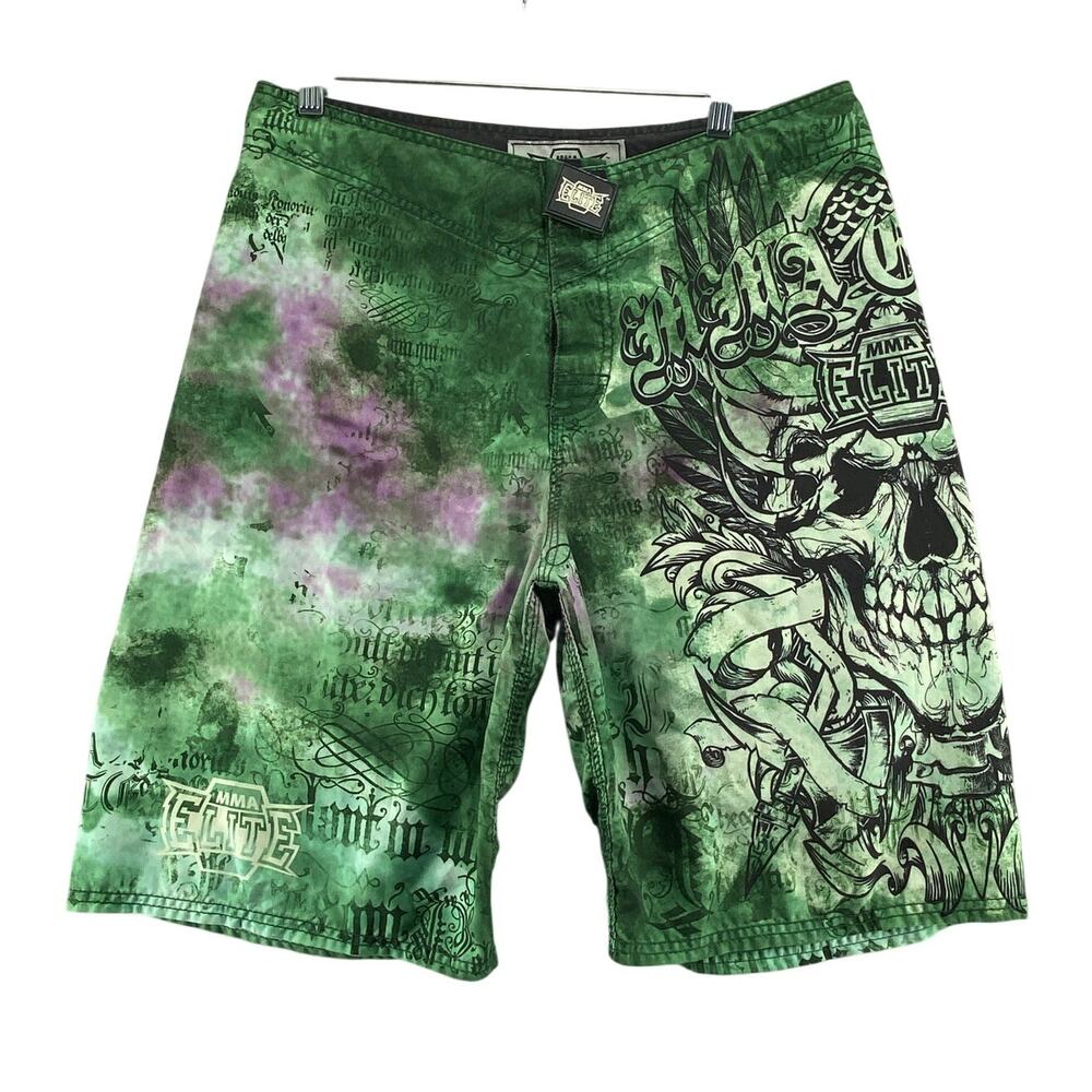 Elite MMA Skull Board Shorts Green Graphic Fight Surf Swim Shorts Men's 34